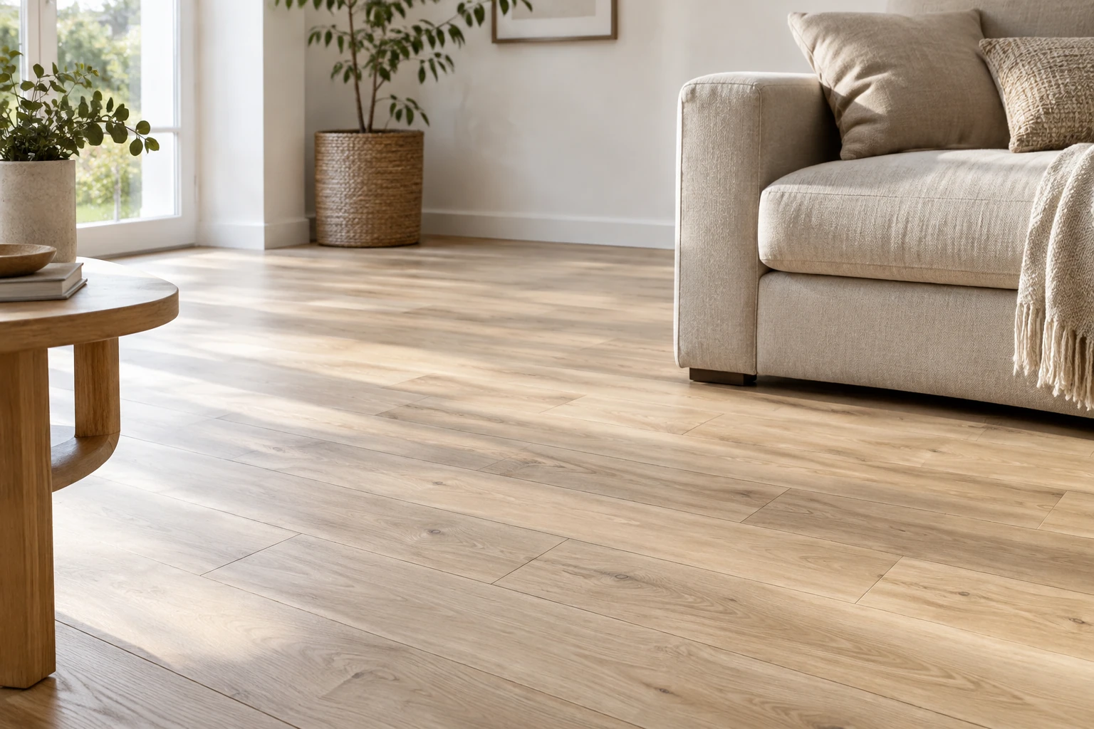 Salon lumineux avec parquet flottant clair, canapé beige et plante en pot