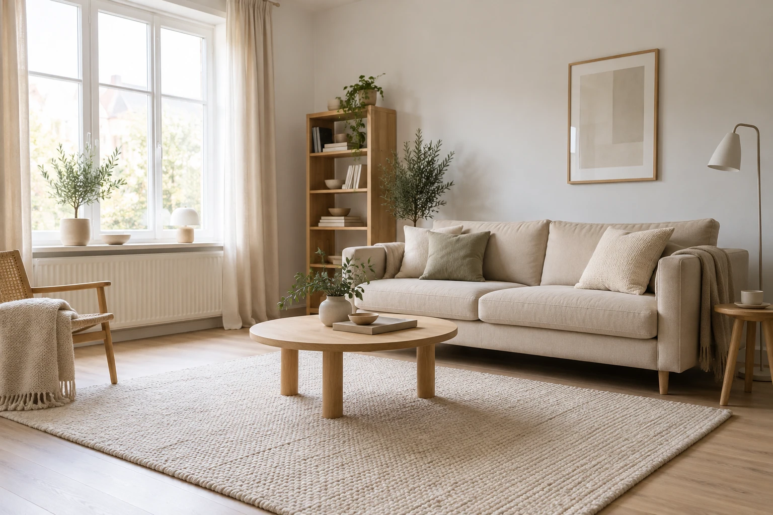 Salon scandinave lumineux avec canapé beige, table basse ronde en bois, plante verte