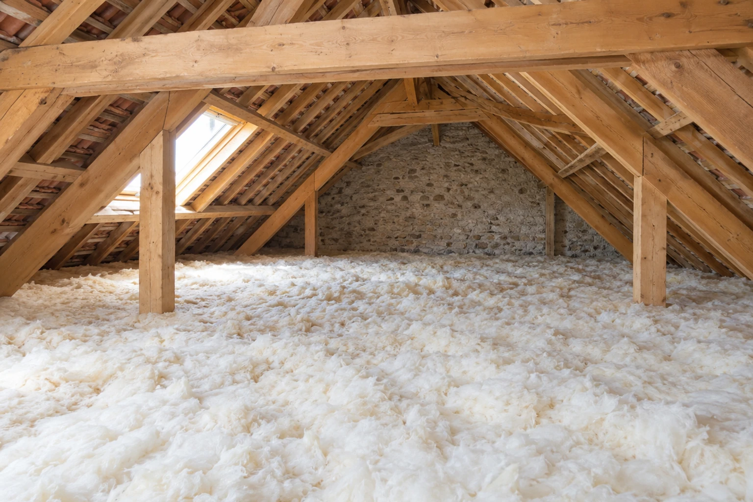 Combles aménagés avec laine soufflée couvrant le plancher sous charpente en bois, velux lumineux
