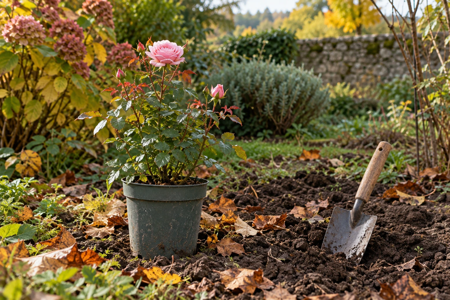 Rosier en pot posé près d'un trou de plantation et d'une bêche dans jardin automnal