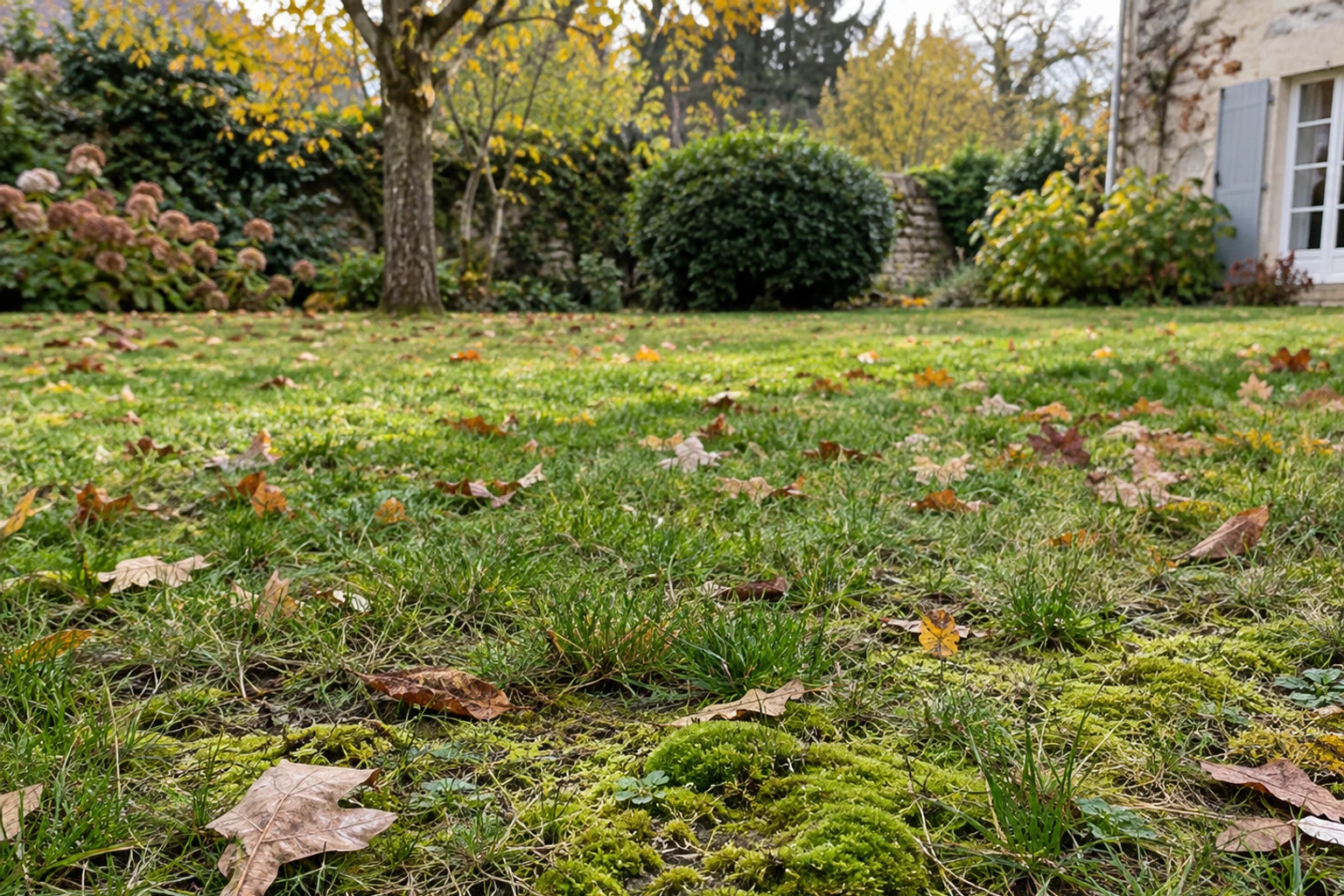 Pelouse avec mousse et feuilles mortes, arbre et haie en arrière-plan