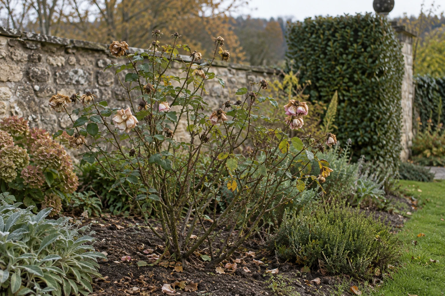 Buisson de rosiers fanés avec fleurs sèches et feuillage d'automne dans un jardin cottage