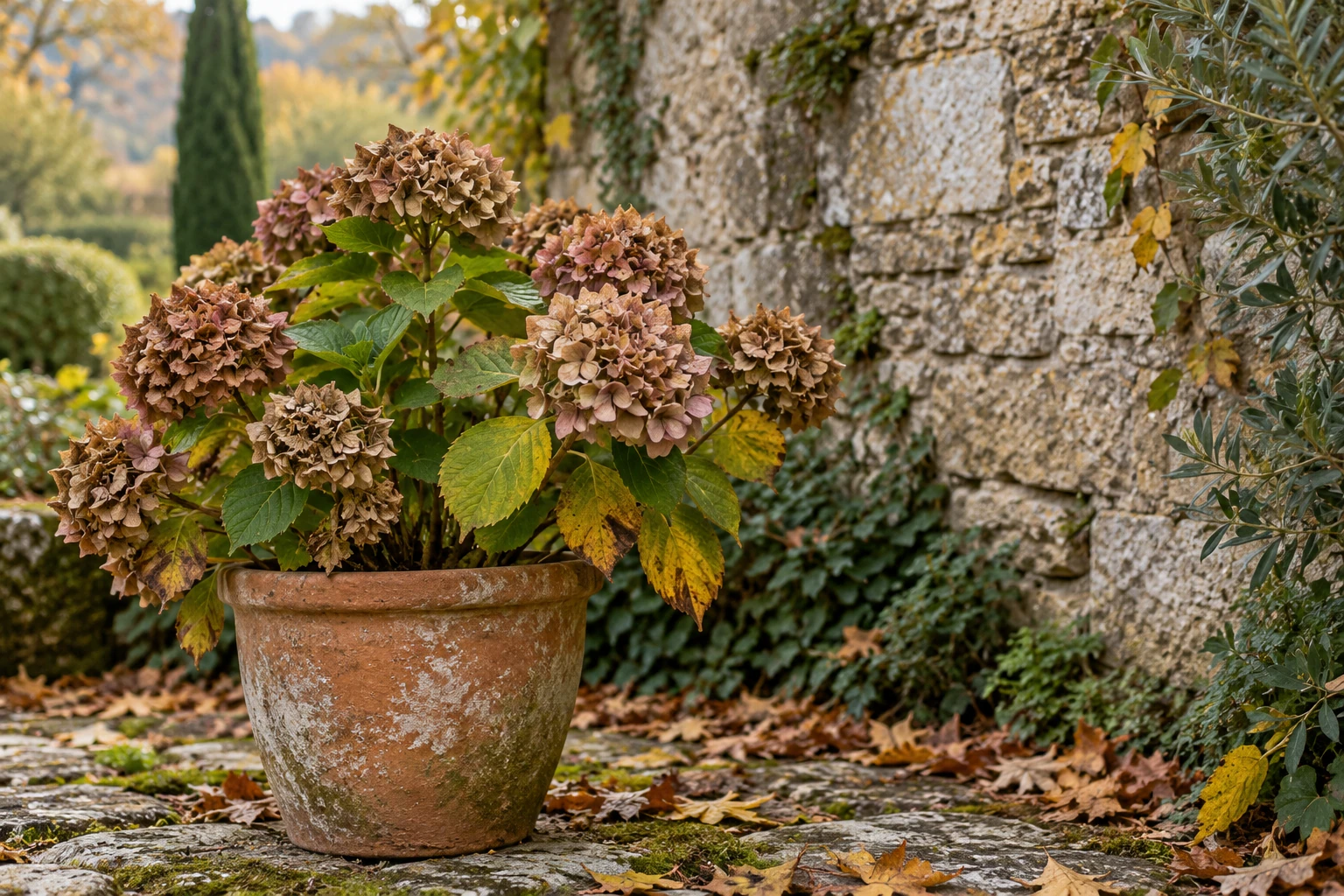 Hortensia en pot en automne avec fleurs fanées devant un mur de pierre